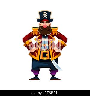 Personaggio del capitano dei corsari, marinaio corsaro o nuotatore con sciabola e cappello tricorno. Un rover marino vettoriale isolato con barba e baffi, pronto per avventure in alto mare e caccia al tesoro Illustrazione Vettoriale
