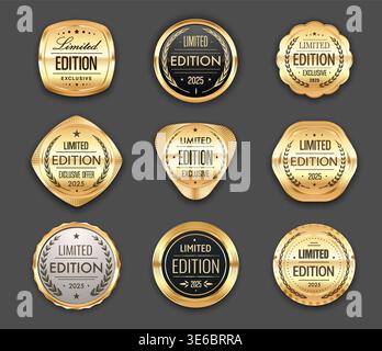 Sigilli, badge ed etichette d'oro in edizione limitata, medaglie e marchi con corone d'alloro. Set vettoriale di emblemi rotondi metallizzati dorati con stelle per un marchio di alta qualità. Etichette esclusive di lusso classiche Illustrazione Vettoriale