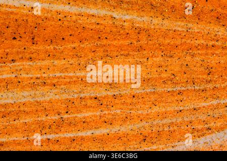 Sabbia arancione e gialla a strati full frame con striature orizzontali bianche e granulosità Foto Stock