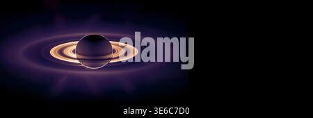 Pianeta Saturno con anelli isolati su sfondo nero con spazio di copia per intestazione Web e banner. Foto Stock
