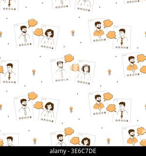 Pattern senza interruzioni con profili delle persone. Interfaccia videochiamata online. Uomo e donna carattere e comunicazione, bolle di discorso su sfondo bianco. Fuori Illustrazione Vettoriale