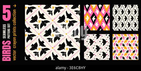 Silhouette di uccelli pastello in motivo harlequin argyle senza cuciture per una stampa alla moda. Motivo geometrico senza cuciture con motivo a forma di uccello e contrasto audace. Hand dra Illustrazione Vettoriale