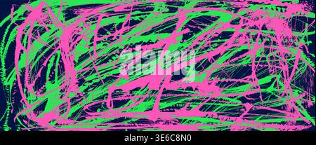 Sfondo tratto pennello astratto. Texture angolari al neon verde e rosa ruvide, pattern dinamici ed effetti grafici con effetto punk Illustrazione Vettoriale