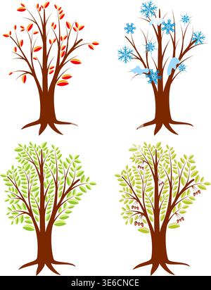 Quattro alberi in diverse stagioni, elemento di design, illustrazione vettoriale Illustrazione Vettoriale