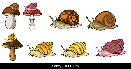 Stravagante serie di illustrazioni vettoriali di lumache colorate e funghi, isolate su sfondo bianco. Illustrazione Vettoriale