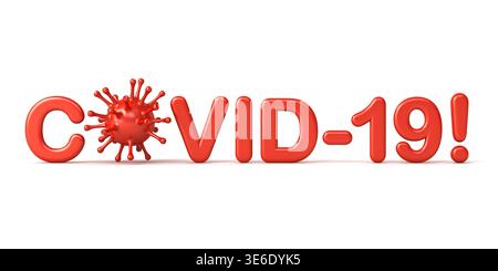 Testo COVID-19 o avviso di coronavirus isolato su sfondo bianco con rendering 3D delle ombre Foto Stock