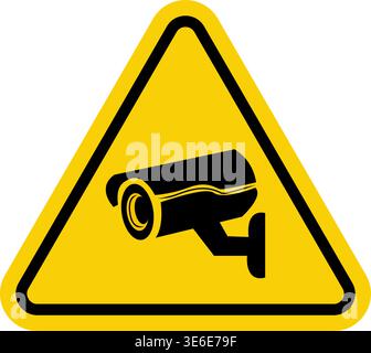 Segnale telecamera CCTV. Triangolo giallo che indica il funzionamento della telecamera. Segnale di avvertimento della telecamera Illustrazione Vettoriale