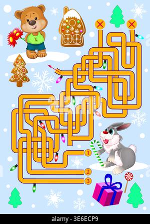 Inverno. Il coniglietto visiterà l'orso con un dono. L'orso porta un bouquet. Una casa di pan di zenzero. Fiocchi di neve. Luci accese. Illustrazione Vettoriale