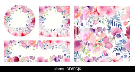 Una serie di bellissime cornici fatte di fiori rosa acquerello. Disegnato a mano. Non ai, illustrazione vettoriale Illustrazione Vettoriale