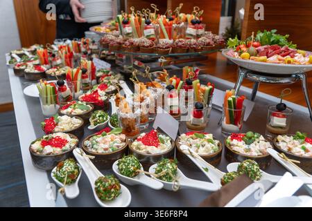 Elegante buffet di catering gourmet con una varietà di antipasti, tartine, spiedini di verdure e piccole insalate servite in bicchieri e ciotole per un'azienda Foto Stock