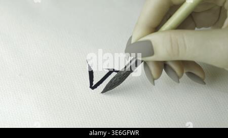 Le mani di una donna scrivono geroglifici cinesi. Mano femminile che regge un pennello da scrittura calligrafia caratteri cinesi, primo piano Foto Stock