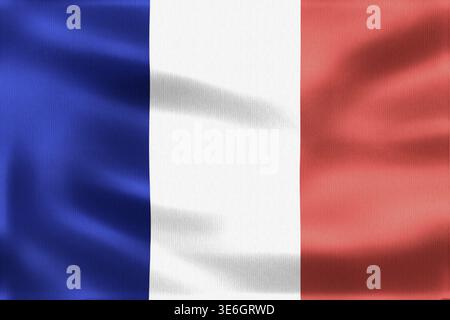 Vista ravvicinata della bandiera francese che sventola con orgoglio nel vento, mostrando i suoi colori blu, bianco e rosso come simbolo dell'identità nazionale Foto Stock