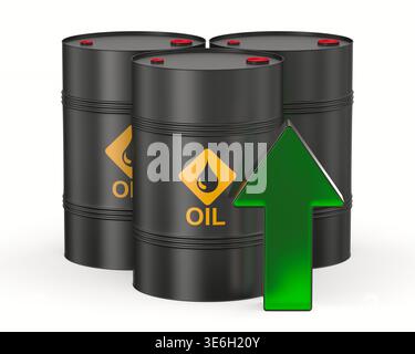 Tamburo di olio in acciaio nero su sfondo bianco. Illustrazione 3D isolata Foto Stock