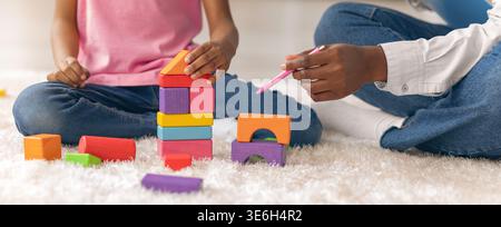 I bambini giocano con i mattoncini colorati su un tappeto in un luminoso spazio interno Foto Stock