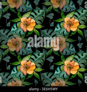 Acquerello disegnato a mano, motivo senza cuciture con foglie di monstera tropicale e delicati fiori d'arancio. Vibrante texture botanica di piante esotiche, perfetta Foto Stock