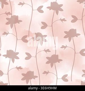 Motivo senza cuciture con fiori stilizzati e piccoli cuori in tonalità rosa tenui. Illustrazione ad acquerello disegnata a mano con romantici elementi floreali. Ideale per imballaggi in carta da parati in tessuto. Foto Stock