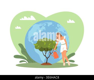 Amore per la natura. Donna acqua albero, preoccupazione per l'ambiente, salvare il pianeta terra, sostenibilità ed ecologia globale, sostegno alla crescita delle piante e protezione Illustrazione Vettoriale