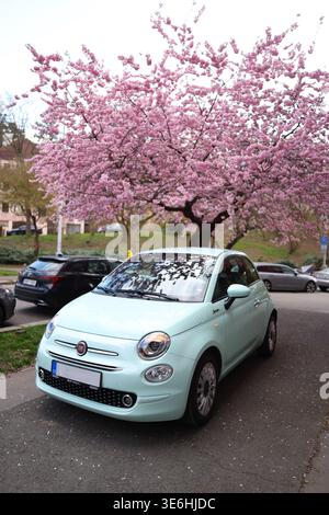 Praga, Repubblica Ceca, 3 aprile 2026: Piccola auto cittadina vicino a sakura rosa fiorisce nel quartiere urbano primaverile. Foto Stock