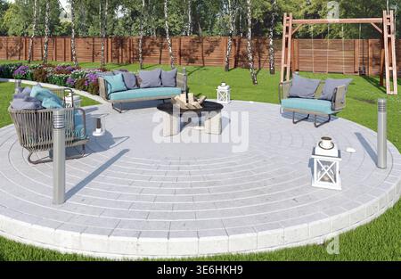 Rendering 3D di un cortile paesaggistico con patio circolare in pietra, mobili da esterno color verde acqua, un caminetto, un prato verde e un set altalena in legno. Foto Stock