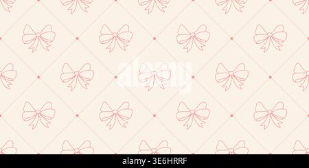 Motivo senza cuciture di delicati fiocchi in stile coquette. Contorno rosa disegnato a mano di nastri legati e diamanti su sfondo beige. Bellissima ragazza vintage Illustrazione Vettoriale