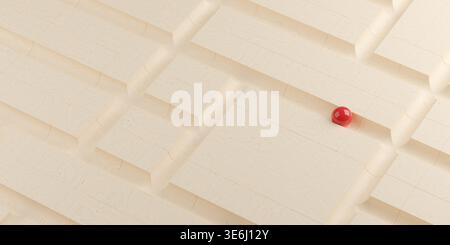Sfera rossa in labirinto o labirinto 3D in legno, concetto di business per la risoluzione di decisioni o problemi, vista dall'alto in posizione piana, illustrazione 3D. Foto Stock