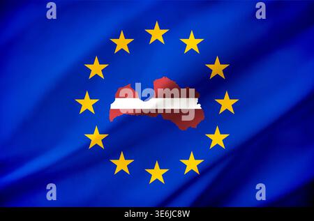 Bandiera dell'Unione europea con una mappa centrale della Lettonia riempita di rosso e bianco, che rappresenta l'identità nazionale nel quadro politico europeo più ampio. Foto Stock