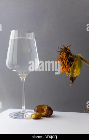 Natura morta minimalista con un bicchiere d'acqua, una prugna matura e un fiore essiccato su sfondo grigio. Composizione serena ed elegante. Foto Stock