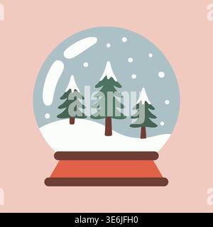 Semplice illustrazione di un globo di neve invernale contenente pini fiocchi di neve e una cupola di vetro arrotondata su una base. Illustrazione Vettoriale