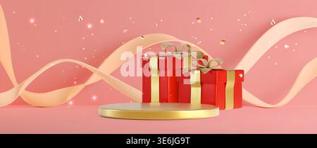 Podio Golden 3D con scatole regalo e nastri su sfondo rosa. Illustrazione vettoriale realistica di regali rossi con fiocchi, coriandoli d'oro lucido in aria, banner promozionale per le festività natalizie, piattaforma di sconti Illustrazione Vettoriale
