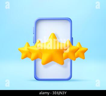 Smartphone 3D con cinque stelle gialle Illustrazione Vettoriale