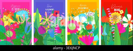 Motivo estivo di fiori astratti. Illustrazione floreale contemporanea con fiori selvatici astratti. Sfondo del paesaggio del mercato del giardino con elementi geometrici. Poster stagionale e set di copertine Happy Collection. Illustrazione Vettoriale
