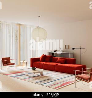 Soggiorno pulito e luminoso con un audace divano rosso e tappeto geometrico, con elementi contemporanei minimalisti per interni moderni e. Foto Stock
