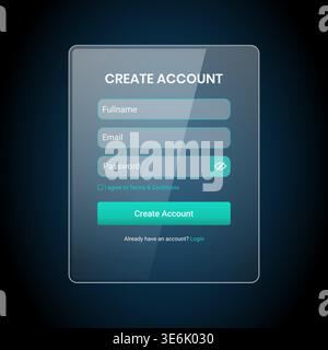 Moderno stile glassmorfismo Crea un'interfaccia utente con nome completo, e-mail e campi password con un'opzione di visibilità della password, termini e. Illustrazione Vettoriale