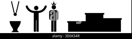 Icone minimali con silhouette nera e trofeo, medaglia, vincitore, uomo con corona e podio. Semplici simboli vettoriali piatti isolati su sfondo bianco per Illustrazione Vettoriale