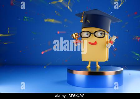 Illustrazione in 3D di un personaggio giallo felice che indossa un berretto graduato e occhiali, appoggiato sul piedistallo del vincitore. Il libro contiene un Foto Stock