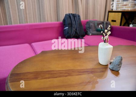 Tavolino da caffè in legno marrone lucido con superficie liscia, piccolo vaso bianco che contiene gemme secche, roccia grigia irregolare, divano imbottito magenta, interno morbido Foto Stock