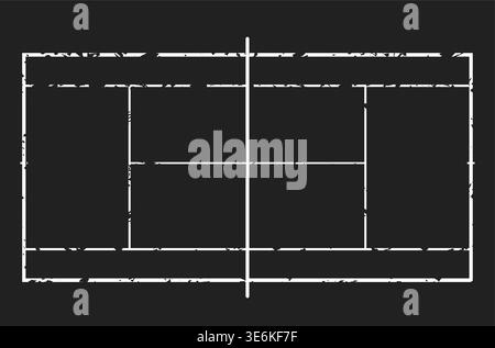 Illustrazione vettoriale nera del contorno del campo da tennis con linee bianche in angoscia su sfondo scuro, layout con vista dall'alto Illustrazione Vettoriale