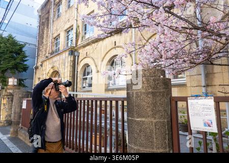 Un pedone scatta una foto su un marciapiede fiancheggiato da alberi di ciliegio in fiore a Kyoto, in Giappone, mentre la gente del posto e i visitatori si fermano per vedere il saku stagionale Foto Stock