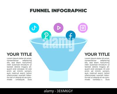 Infografica sul processo a imbuto colorato per il marketing e le vendite con icone dei social media Illustrazione Vettoriale