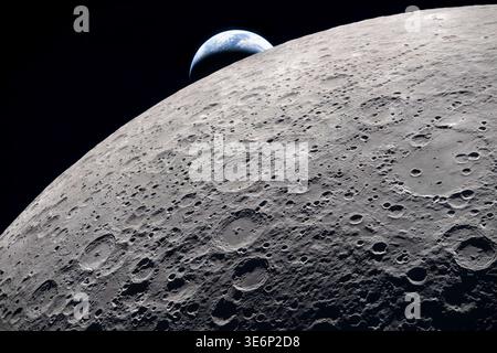 Superficie lunare in dettaglio con cratere Ohm in primo piano e Terra distante in background, nuvole visibili su Australia e Oceania, Artemis II Foto Stock