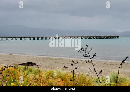 Petone Wharf è un molo in legno vecchio di 117 anni, una struttura storica di valore e punto di riferimento a Lower Hutt - Wellington, nuova Zelanda Foto Stock