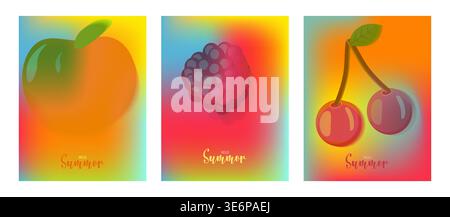 Poster estivo sfumatura colorata astratta e sfondo a rete con elementi di frutta. Progettare post sui social media, landing page e app. Illustrazione vettoriale. Illustrazione Vettoriale