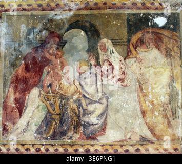 La presentazione di Gesù al tempio, dipinti ad affresco nella chiesa vecchia Foto Stock