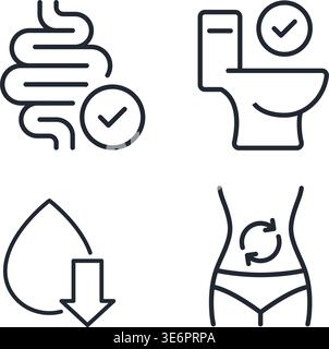 Un set di quattro icone minimaliste che rappresentano digestione sana, regolarità intestinale e benessere metabolico. Illustrazione delle scorte. Illustrazione Vettoriale