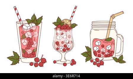 Bevande estive al ribes rosso con set di foglie di ghiaccio e menta. Cocktail rinfrescante isolato con frutti di bosco, cubetti di ghiaccio e foglie di menta. Illustrazione vettoriale Illustrazione Vettoriale