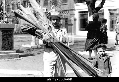 Sloviansk, 1950 anni. All'esterno dell'impianto di armatura e isolamento (AIZ). Un operaio sovietico dedicato che indossa un cappello sta trasportando un pesante fascio di lunghi pali di legno e striscioni di tessuto arrotolato in preparazione di una manifestazione pubblica festosa. Un ragazzino con un cappotto scuro si trova tranquillamente nelle vicinanze, sulla strada soleggiata. Questa autentica fotografia d'archivio in bianco e nero documenta perfettamente i preparativi attivi della comunità per le feste di massa, la vita urbana di strada quotidiana e l'autentico patrimonio culturale del pacifico Donbas. Foto Stock