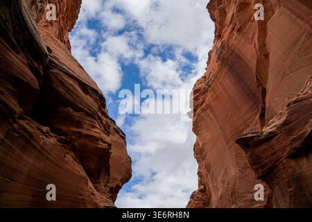 Le torreggianti pareti del canyon di arenaria si innalzano su entrambi i lati sotto un cielo parzialmente nuvoloso, rivelando formazioni rocciose verticali e motivi naturali di erosione. Foto Stock