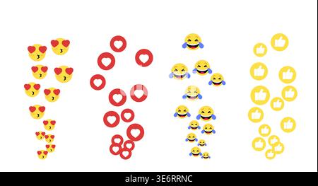 Icone emoji dei social media che fluttuano su sfondo bianco. Illustrazione di cartoni animati vettoriali che mostrano smiley di cuori e lol, set di reazioni cardiache e pollice, simboli di feedback per i flussi live Illustrazione Vettoriale