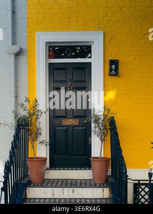 Londra, Regno Unito - 21 giugno 2025: La vista di una suggestiva porta nera contrasta con la vibrante facciata gialla, fiancheggiata da piante in vaso e da un bianco Foto Stock