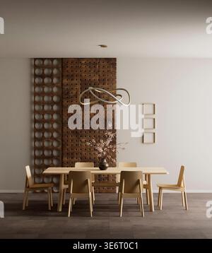 Sala da pranzo pulita con mobili in legno naturale e illuminazione soffusa, in stile moderno e minimalista per interni moderni e arredamenti di casa Foto Stock